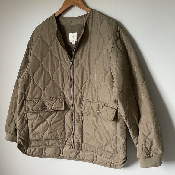 Joie Women's Quilted Jacket Coat Full Zip Olive Green Bomber Size Large - Picture 3 of 9